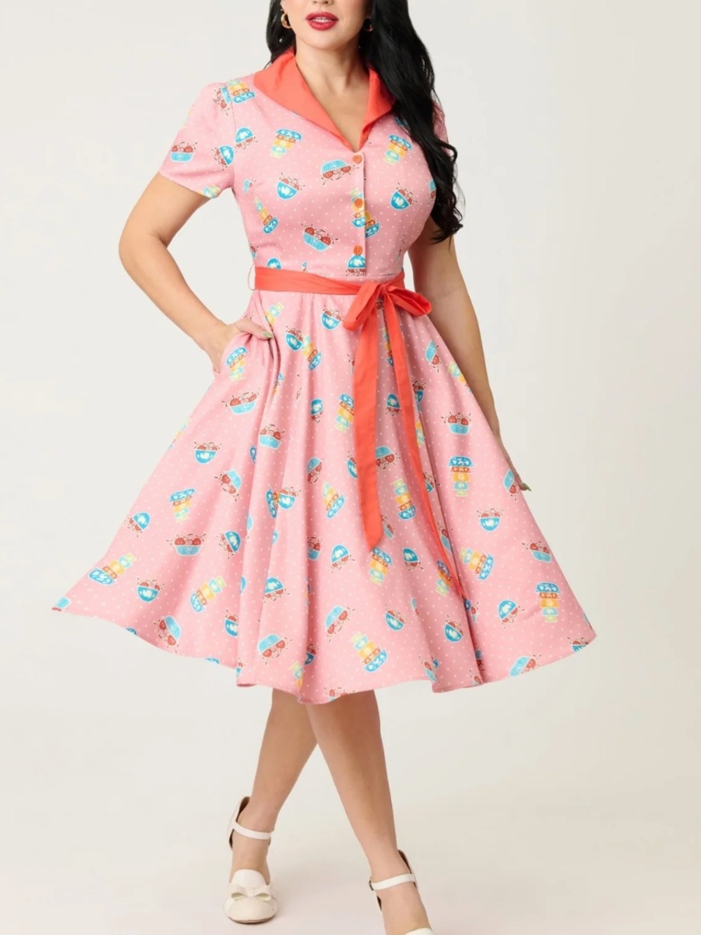 Unique Vintage Pink Retro Fit-and-Flare Midi Dress with Coral Trim